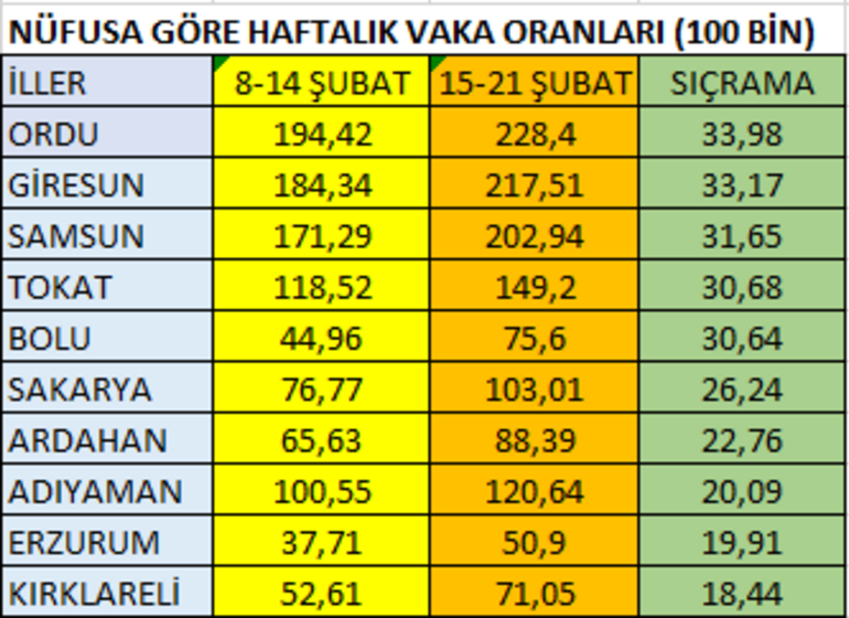 Bir haftada en çok vaka sıçraması yapan 10 il En başta Ordu var...