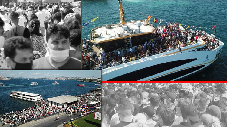Eminönü’nde iskeleler ve vapurlardaki yoğunluk havadan görüntülendi